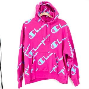 Champion Pink Hoodie with Light Blue Logo All-Over Print